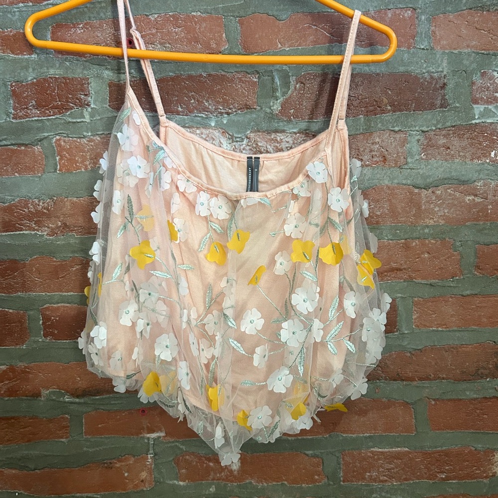 Anthropologie Peach Floral Embroidered Camisole with Mint Accents